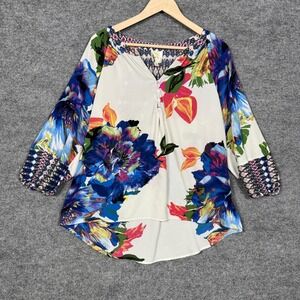 Fig & Flower Size Large Top Blouse Boho White Flower Swing Artsy Lightweight